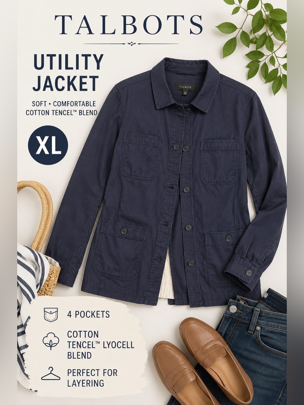 Talbots XL Navy Blue 4-Pocket Chore Utility Jacket